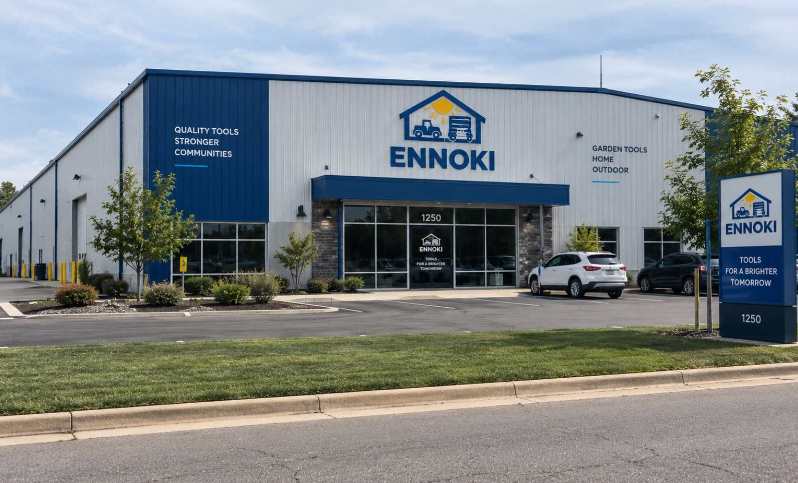 The Ennoki store and warehouse — a blue and white building with the Ennoki sign, in Monahans, Texas