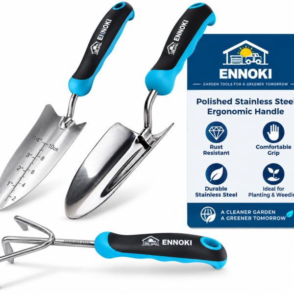ENNOKI 3-Piece Stainless Steel Garden Hand Tool Set – Trowel, Transplanter & Cultivator