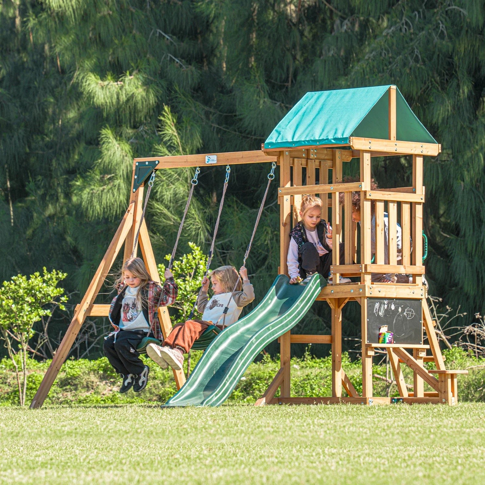 DOLPHIN PLAYGROUND Wooden Outdoor Playset with Dual Swings, Slide, and Playhouse – Rounded Edges