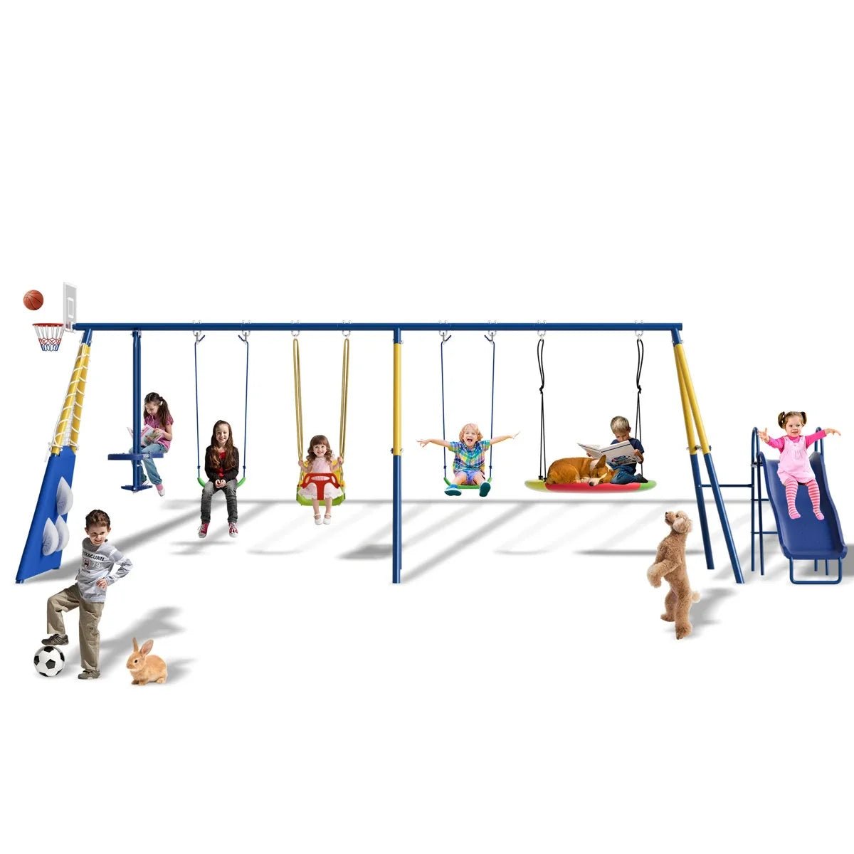 SUMIJ 8 in1 Swing Sets for Backyard with Kids Slide Outdoor Heavy-Duty Metal Playset for Kids 550lbs Swing Set with Slide, Saucer Seat, 2 Belt Seat, Soccer Goals, Glider,Baby Swing Set and Baketball Hoop