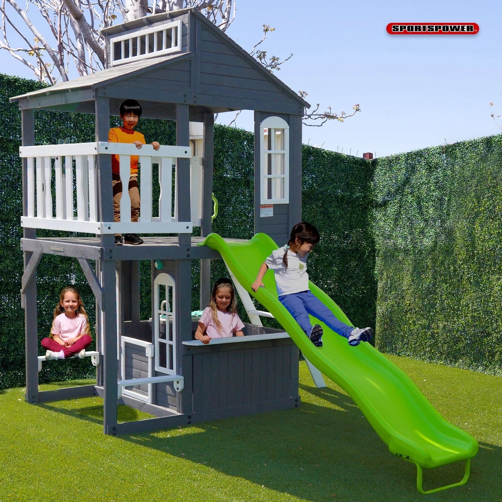 Sportspower Blakely 2-Story Playhouse with 8FT Slide, Working Door, Benches for Rest & Pretend Play Features, for Kids Ages 3-10, Wooden Elevated Playhouse