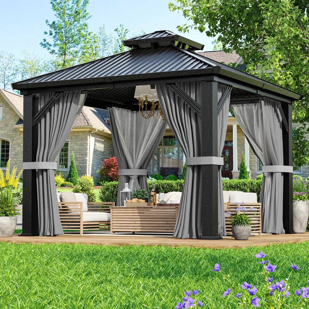Polar Aurora 10 x 10 ft. Heavy-Duty Aluminum Frame Outdoor Gazebo with Double-Layer Galvanized Steel Roof, All-Weather Metal Gazebo Includes Curtains, Mesh Netting and Anchor Kit for Patio & Backyard