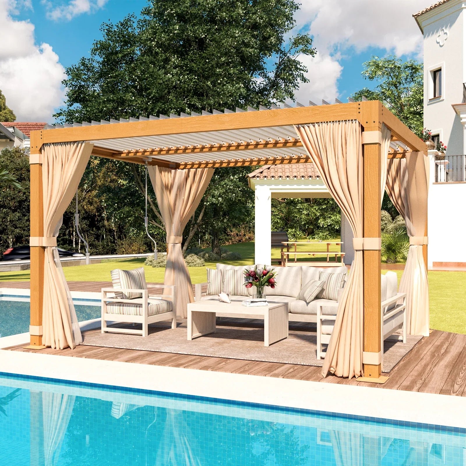 EROMMY 10X12 Pergola with Adjustable Louvered Roof – Wood Grain