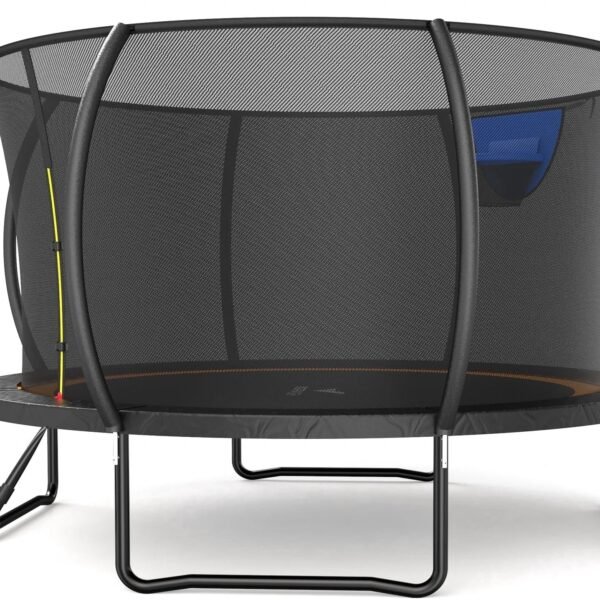 MERACH 14FT Pumpkin Outdoor Trampoline with Safety Enclosure Net, Basketball Hoop & Ladder, Heavy Duty Backyard Trampoline for Kids & Adults