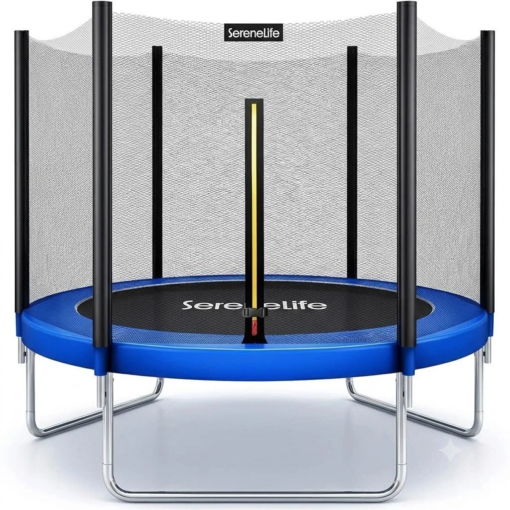 SereneLife 8FT 10FT 12FT 14FT Outdoor Trampoline for Kids – Recreational Backyard Trampoline with Curved Safety Poles and Net Enclosure- ASTM Approval for Kids Adults