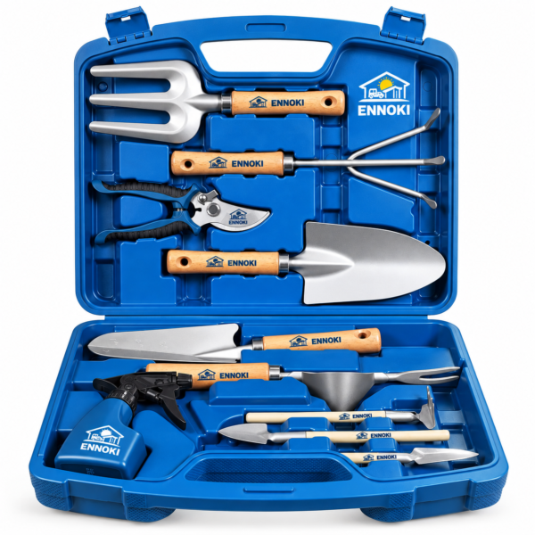 ENNOKI 12-Piece Gardening Tool Set with Hard Storage Case – Heavy-Duty Steel Tools, Blue